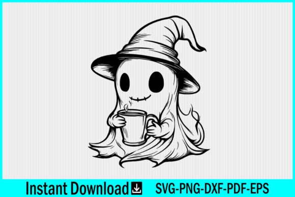 Cute Ghost in Witch Hat with Coffee Cup Graphics