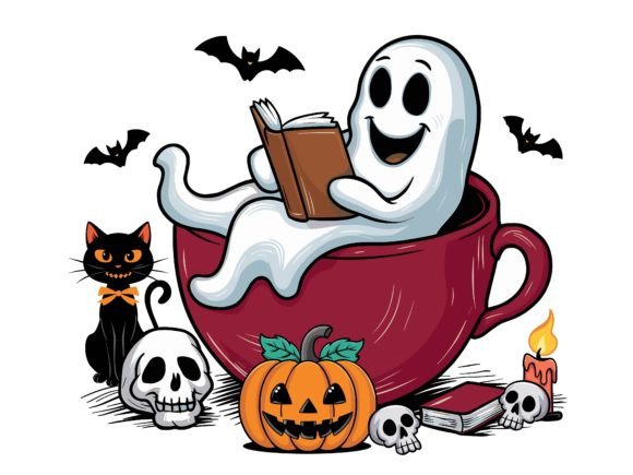 Halloween Boo Sitting on Cup Vector Graphics