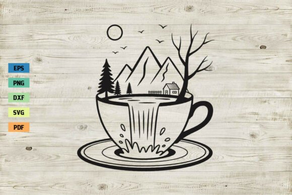 Waterfall on Coffee Cup SVG Cutting File: Graphics for Crafts