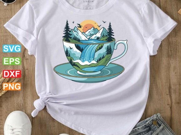 Waterfall on Coffee Cup SVG: Graphics for Crafts & Nature Brands